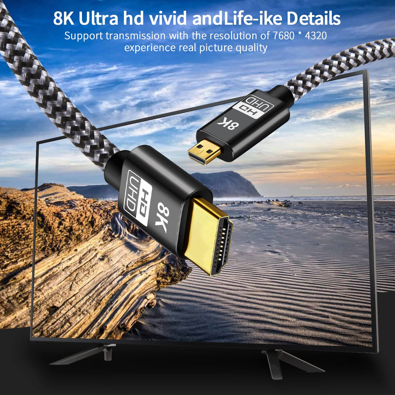 Micro HDMI to HDMI 2.1 8K Cable 5FT, Ultra High Speed 8K@60Hz 4K@120Hz 48Gbps HDMI Cord Compatible with Digital Cameras, Camcorders, Tablets (5) 5.0 Feet
