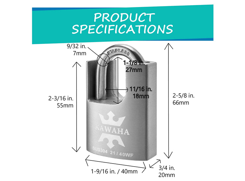 KAWAHA 21/40KA-5K High Security Stainless Steel Shrouded Padlock with Key for Both Indoor and Outdoor use (SUS304 Stainless Steel, Heavy Duty, Anti-Rust) (1-9/16 in. (40mm), Keyed Alike - 5 Keys) 1-9/16 in. (40mm)