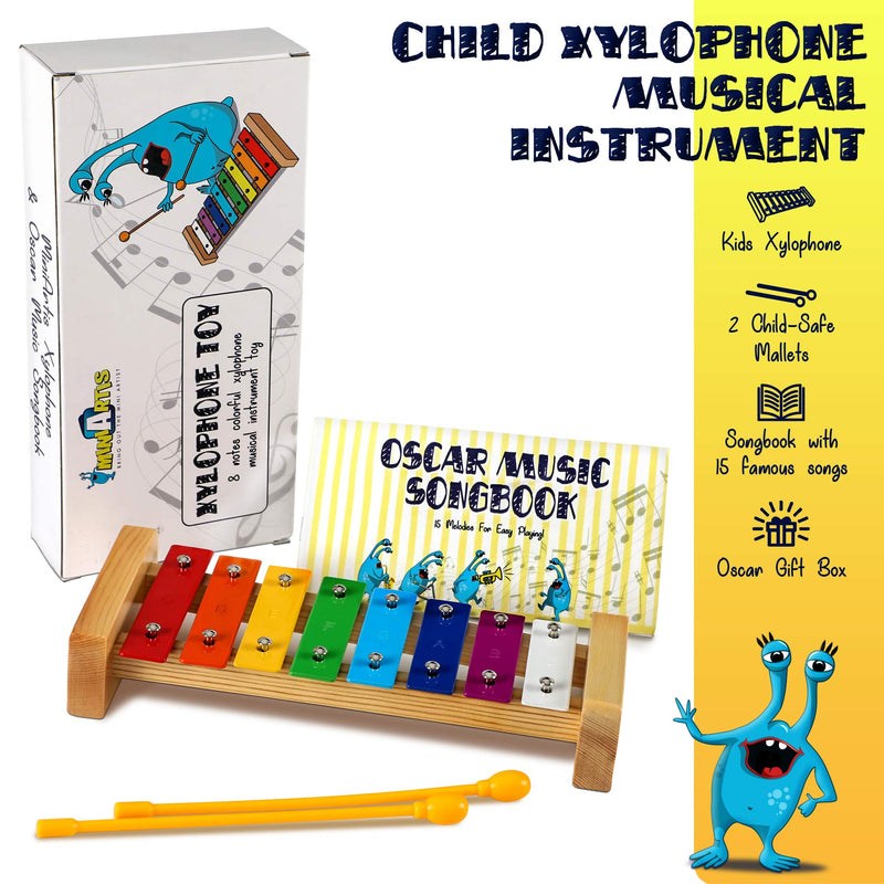 MiniArtis Xylophone for Kids | 8 Notes Diatonic Colorful Metal Bars | Wooden Xylophone Musical Toy Instrument | Music Songbook & Child Safe Mallets Included | Great Holiday Birthday Gift for Children