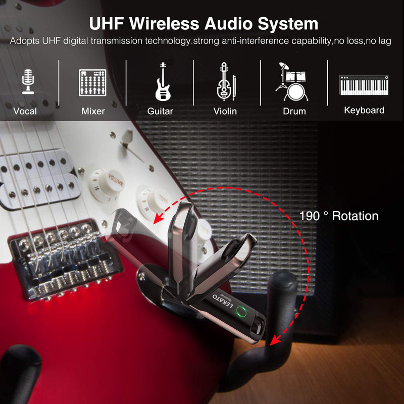 LEKATO 70 Channels Guitar Wireless System 3 ms Low Latency Guitar Wireless Transmitter Receiver Built-in lithium Battery Audio Digital Guitar Cordless Lead for Electric Guitars Bass