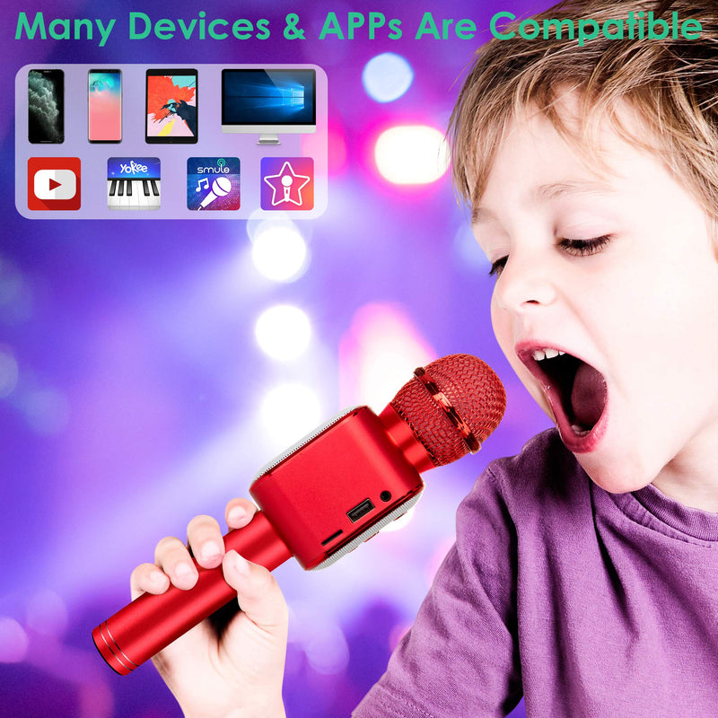 KIDWILL Karaoke Wireless Bluetooth Microphone, 5-in-1 Handheld Karaoke Mic Speaker With Adjustable Remix, LED Lights, FM Radio, Portable Microphone Toy Best Gift for Kids Girls Boys-Red Red