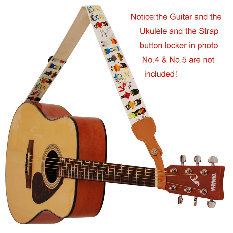 MUSIC FIRST Original Design, 2 inch width (5cm), Cute Cartoon Delux“What A Wonderful World” Soft Cotton & Genuine Leather Ukulele Strap, Guitar Strap, Mandolin Strap