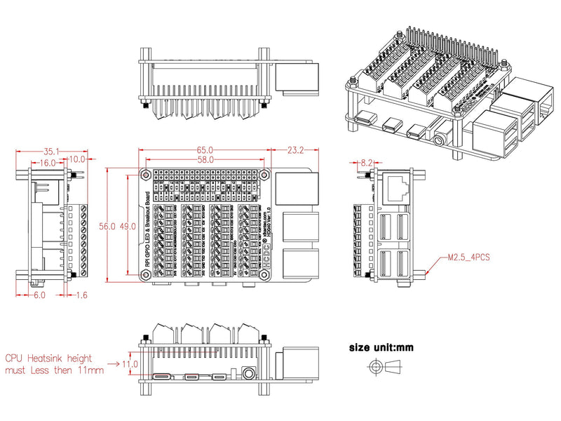 HCDC RPi GPIO Status LED & Terminal Block Breakout Board HAT for Raspberry Pi A+ 3A+ B+ 2B 3B 3B+ 4B