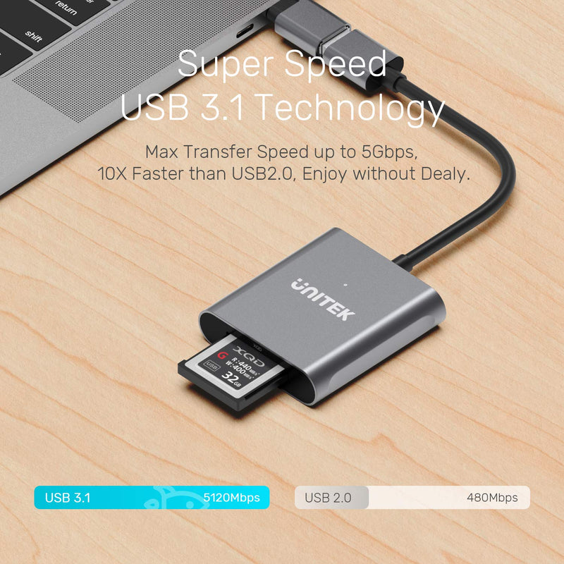 XQD Card Reader, Unitek USB 3.1 Type A to XQD, Portable Aluminum Memory Card Adapter, Compatible for Sony Lexar Nikon Card