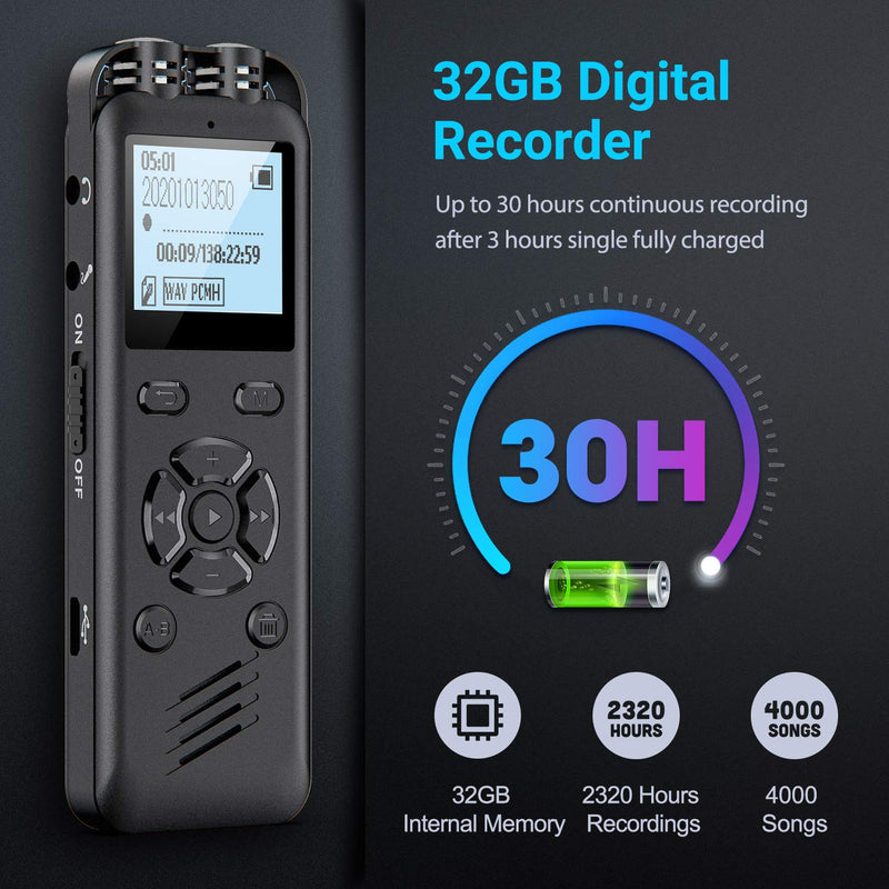 32GB Digital Voice Recorder, KINPEE Audio Sound Recorder Portable Recording Device Voice Activated Recorder for Meeting Lecture Rechargeable Dictaphone MP3 Recorder with Playback for Interview