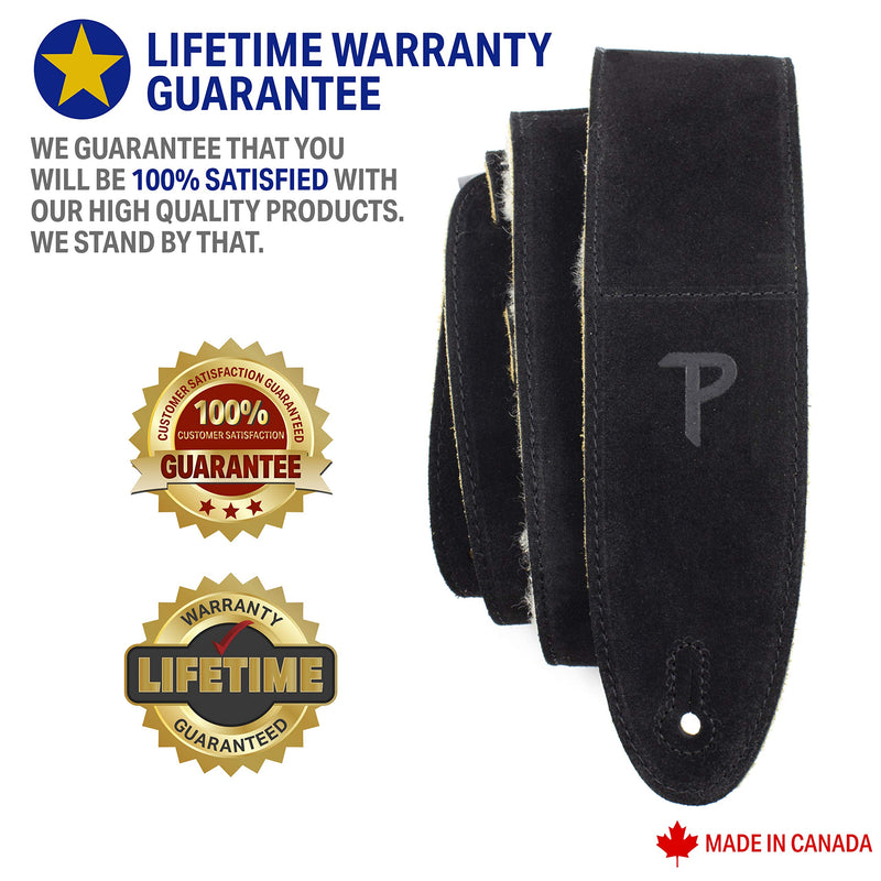 Perri’s Leathers Suede Guitar Strap, Soft Suede with Backing and Sheep Skin Pad, 2.5” inches Wide, Adjustable Length 41.5" to 56” inches, Black, Made in Canada Standard