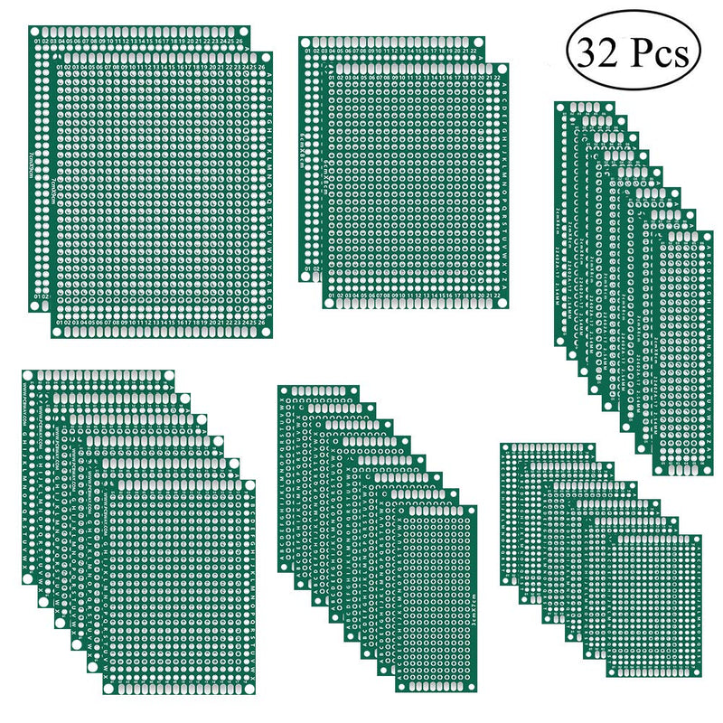 32 Pcs Double Sided PCB Board Prototype Kit 6 Sizes Universal Printed Circuit Protoboard for DIY Soldering Project 32 Pcs Double Sided PCB Board Kit