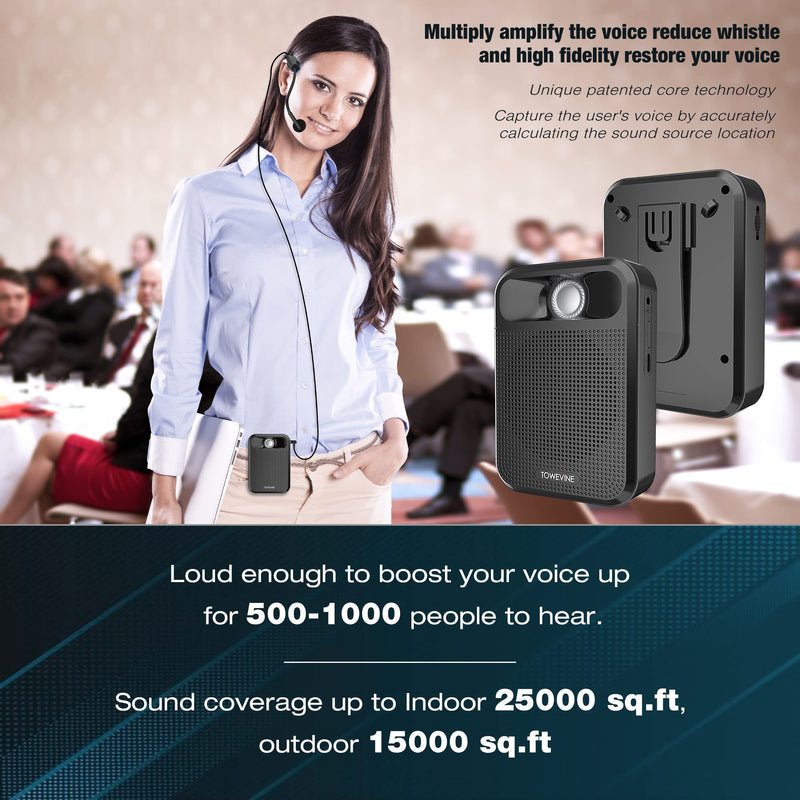 Portable Voice Amplifier, Towevine Rechargeable Microphone for Teachers, Speaker with Headset and Waistband for Classroom, Singing, Coach, Training, Presentation, Tour Guide Black