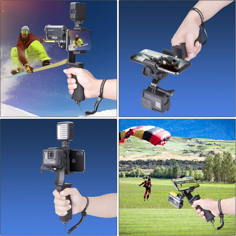 2in1 Portable Action Camera+Smartphone SYN Stabilizer Mount Ergonomic Hand Grip Video Vlogging Kit Motion Camcorder Phone Handle Holder for GoPro Sony + iPhone Interview Travel YouTube Livestream Rig