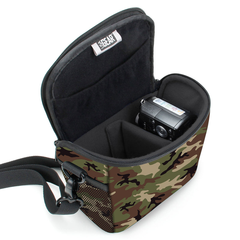 USA GEAR Bridge Camera Bag (Camo Green) with Protective Neoprene Material, Rain Cover and Adjustable Dividers-Compatible with Nikon Coolpix, Canon PowerShot, Sony Cyber-Shot, Panasonic Lumix and More Camo Green