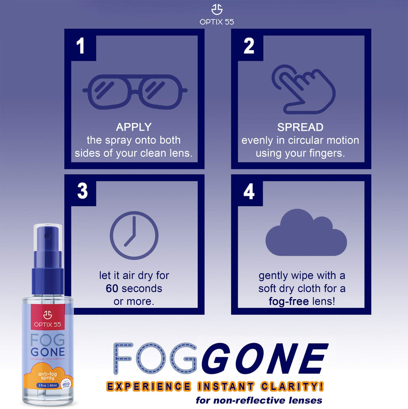 Optix 55 Anti-Fog Spray for Non - Anti Reflective Lenses | Prevents Fogging of Glass or Plastic Windows, Mirrors, Eyewear Lenses, Glasses, Swim Goggles, Ski Masks, Binoculars |Long Lasting Solution 2.0 ounces
