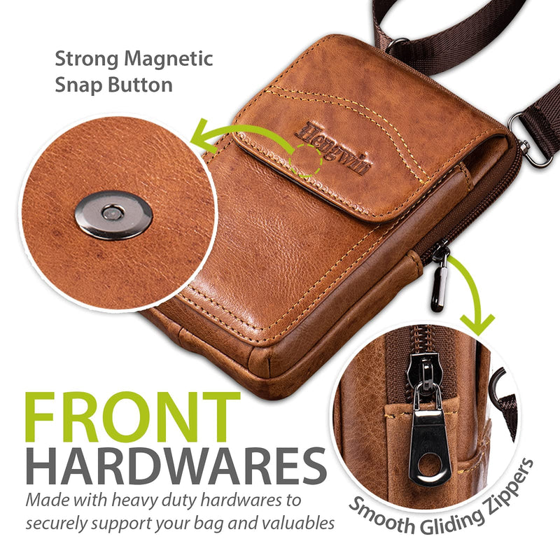 Hengwin Genuine Leather Phone Crossbody Bag Men Purse iPhone 11 Pro Max XS Max XR 8/7/6 Plus Samsung Galaxy S20+ S10+ S9+ S8+ Note 10+ 9 8 Holster Pouch Case with Belt Clip Loop Shoulder Strap (Brown) Brown