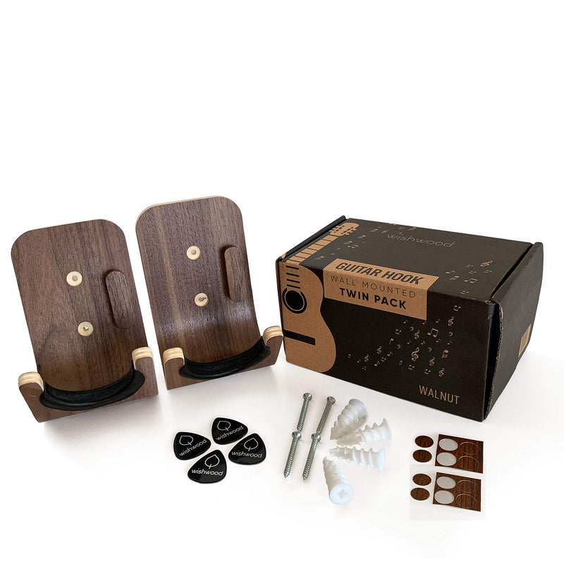 Guitar Wall Mount Hooks 2 Pack: Modern Design Guitar Hanger for Storage & Display. Heavy Duty Ply Wood Guitar Hook Holder for the Wall. Hangers Stand for Acoustic Guitars, Ukulele, Bass, Violin, Cello Double Pack