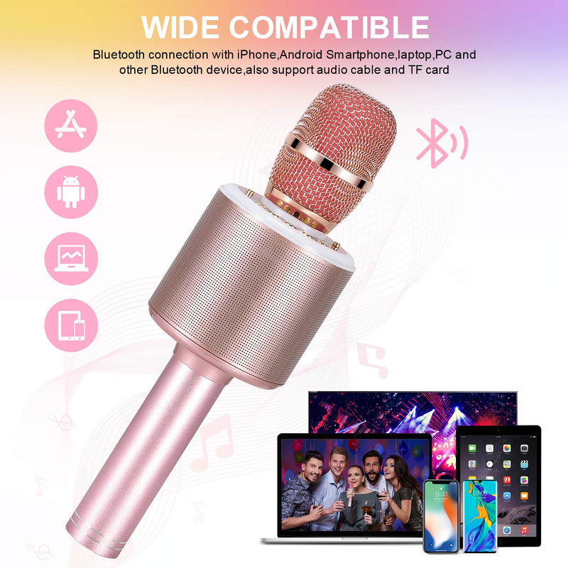 Bearbro Wireless Bluetooth Karaoke Microphone,4 in1 Portable Handheld Speaker Karaoke Mic with LED Lights,Compatible with Android & iPhone Devices,Best Gifts for Girls Boys Adults (Rose Gold) Rose gold