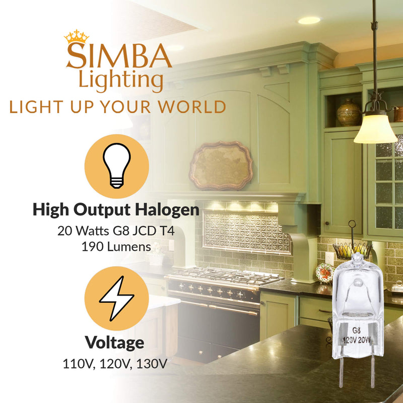 Simba Lighting Halogen Light Bulb G8 T4 20W JCD Bi-Pin (10 Pack) Shorter 1-3/8" (1.38") Length for Under Cabinet Puck Lights, Kitchen Hood, Landscape Lights, Desk Lamps 120V Dimmable, 2700K Warm White 20.0