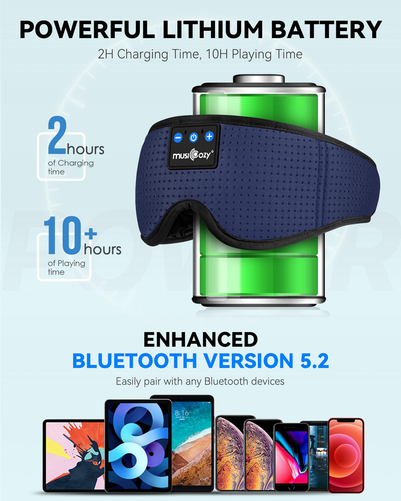 MUSICOZY Sleep Headphones Bluetooth Sleep Eye Mask for Sleeping, Wireless Music Sleeping Masks Headphones, Sleep Earbuds for Side Sleepers Men Women with Speakers Cool Tech Gadgets Blue