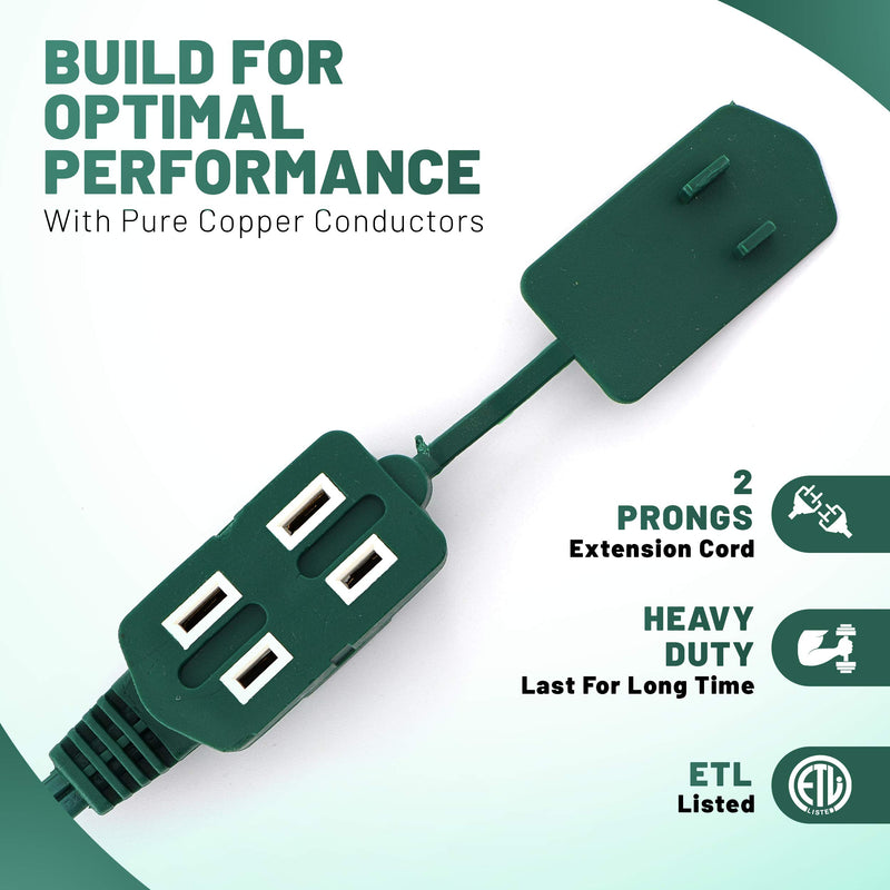 12 Feet Green Extension Cord, 3 Outlet, 2 Prong, 16 Gauge Cable, 3 Receptacle Cube Tap, Indoor use, (2 Pack) - by Revpex 12 FEET 2 PACK