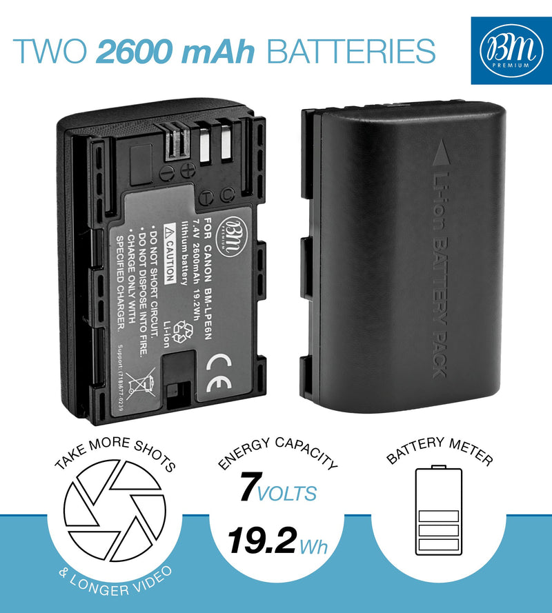 BM 2 Pack LP-E6N Batteries and Charger for Canon EOS R, EOS 90D, EOS 60D, EOS 70D, EOS 80D, EOS 5D II, EOS 5D III, EOS 5D IV, EOS 5Ds, EOS 6D, EOS 6D Mark II, EOS 7D, EOS 7D Mark II, XC10, XC15 Camera