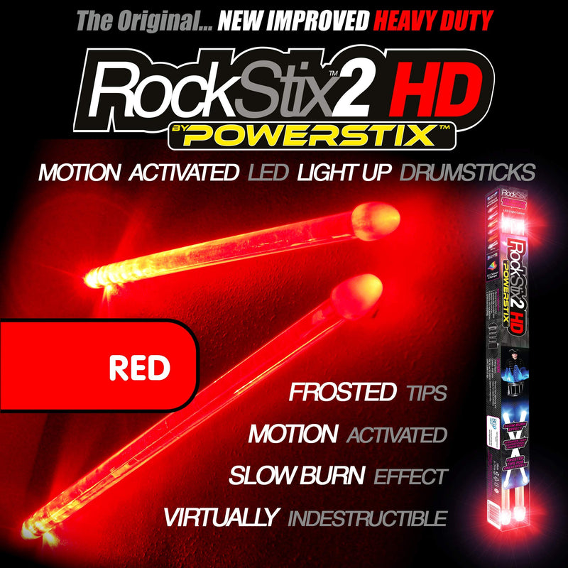 ROCKSTIX 2 HD RED, BRIGHT LED LIGHT UP DRUMSTICKS, with fade effect, Set your gig on fire! (RED ROCKSTIX) RED ROCKSTIX