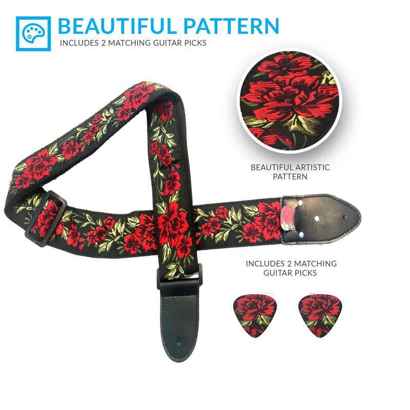 Guitar Strap Cotton Rose Flower W/FREE BONUS- 2 Picks + Strap Locks + Strap Button. For Bass, Electric & Acoustic Guitars Stocking Stuffer. an Awesome Christmas Gift for Men & Women Guitarists