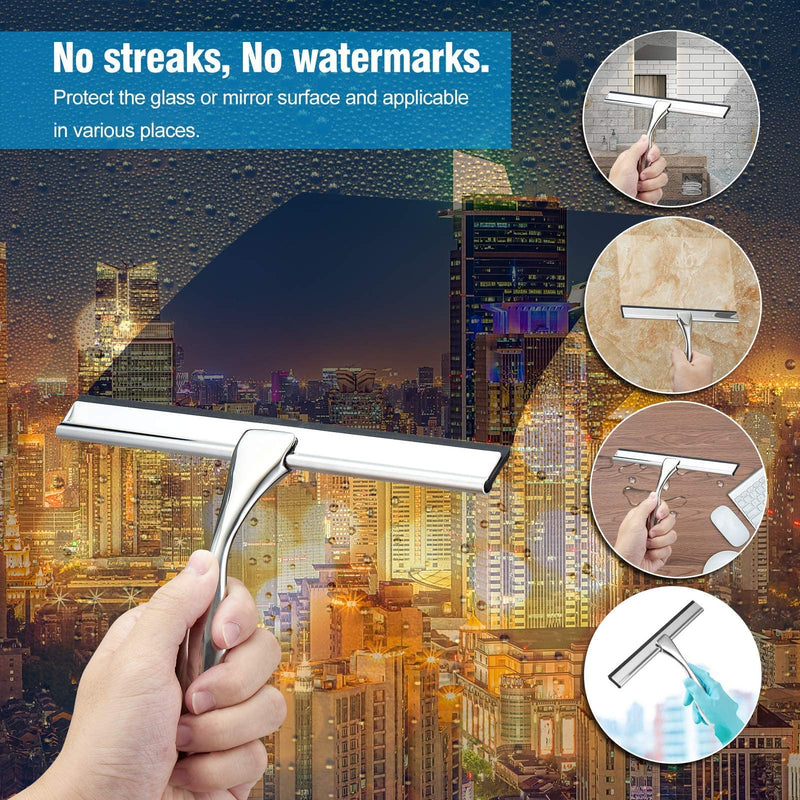 10” Shower Squeegee — Squeegee for Shower Glass Door，Premium Shower Squeegee for Glass Doors, Bathroom, Window and Car Glass, Stainless Steel Shower Squeegee for Shower Doors with Suction Cup Hook