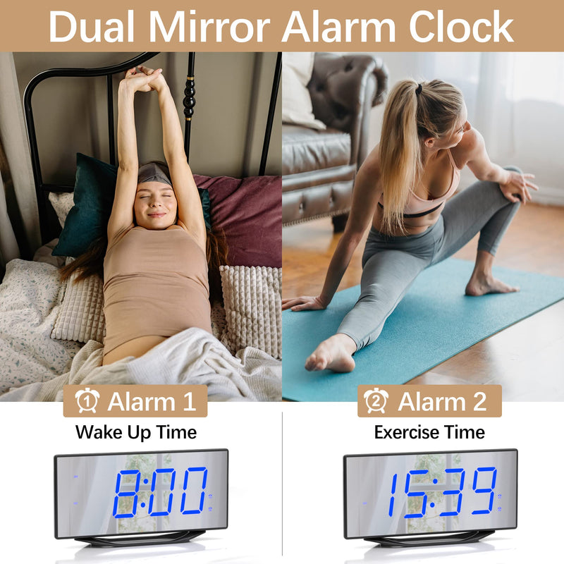 Digital Dual Alarm Clock with 2 USB Chargers for Heavy Sleepers Adults, 8.7" Large LED Display, Extra Loud Mirror Clock with Battery Backup, Easy to Set, Dimmable, Decent Alarm Clock for Bedrooms Kids Blue Digit