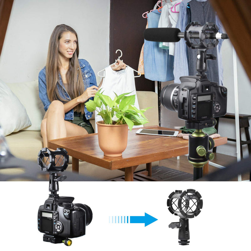 Bestshoot Microphone Shock Mount Universal Holder Clip + Hot Shoe Adapter for Condenser Shot gun Mic D230, ME66, NTG-2,NTG-1, AT-875R Neewer NW-81(1Pack)