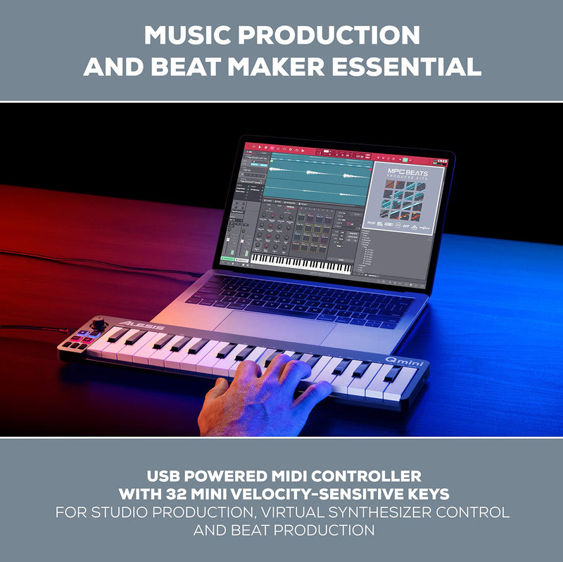 Alesis Qmini - Portable 32 Key USB MIDI Keyboard Controller with Velocity Sensitive Synth Action Keys and Music Production Software Included 32 Mini Keys