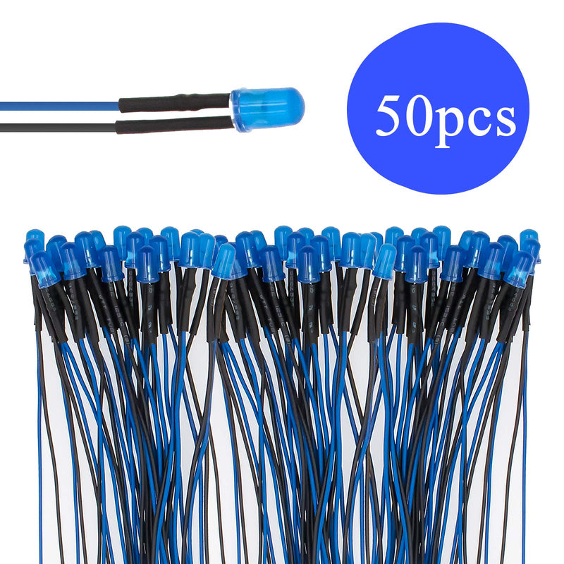 50pcs 12V Pre Wired 5mm LED Lights Emitting Diodes, Blue B:blue