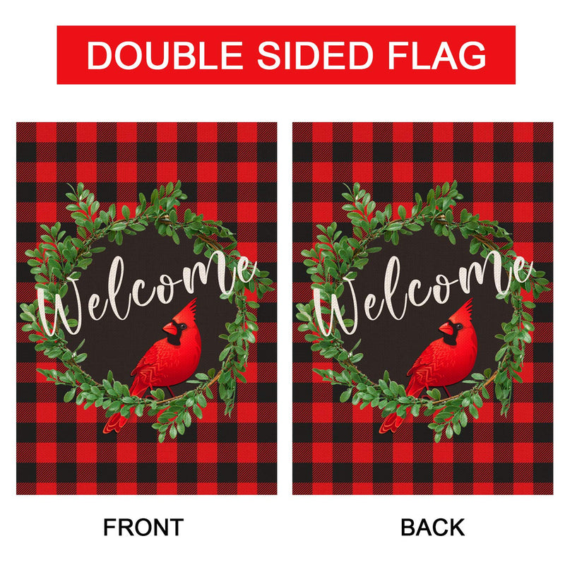 Cardinal Christmas Garden Flag | Wreath Welcome Garden Flag 12.5 x 18 Inch | Buffalo Check Plaid Winter Yard Flag Double Sided | Rustic Christmas Yard Decorations | Holiday Outdoor Flags