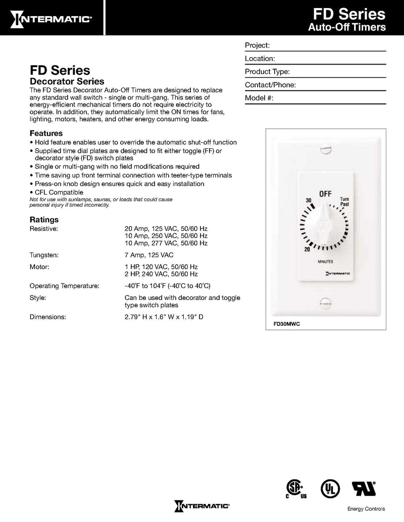 Intermatic FD430MW 30-Minute Spring-Loaded Wall Timer for Lights and Fans, White
