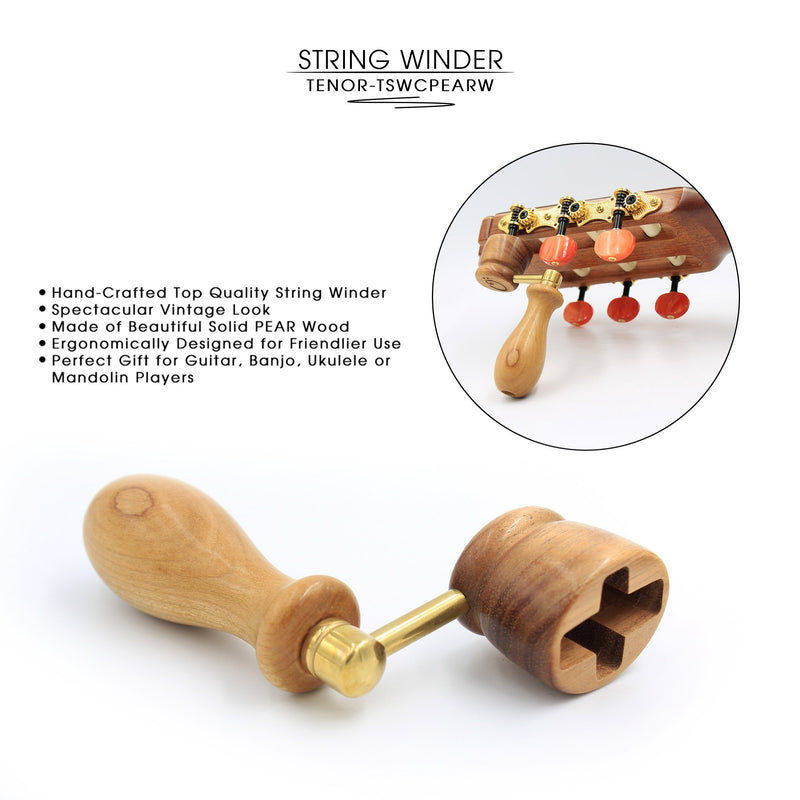 "PEAR" Handcrafted Wooden Guitar String Winder by Tenor. Designed For Classical, Flamenco, Acoustic, Electric Guitars and Ukuleles. Made Of Solid Handpicked PEAR Wood. Beautiful Vintage Look. Pear Wood and Golden Colored Metal Handle.