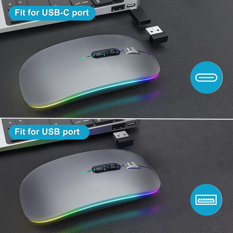 【Upgrade】 LED Wireless Mouse, Slim Silent Mouse 2.4G Portable Mobile Optical Office Mouse with USB & Type-c Receiver, 3 Adjustable DPI Levels for Notebook, PC, Laptop, Computer, MacBook (MattGray) MattGray