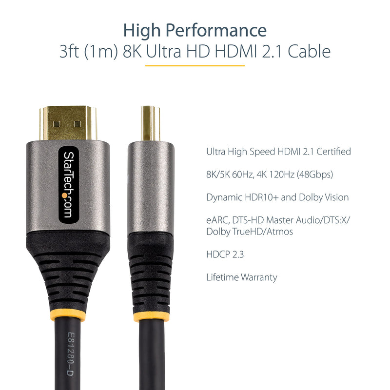 StarTech.com 3ft (1m) HDMI 2.1 Cable 8K - Certified Ultra High Speed HDMI Cable 48Gbps - 8K 60Hz/4K 120Hz HDR10+ eARC - Ultra HD 8K HDMI Cable - Monitor/TV/Display - Flexible TPE Jacket (HDMM21V1M) 3.3 ft / 1 m