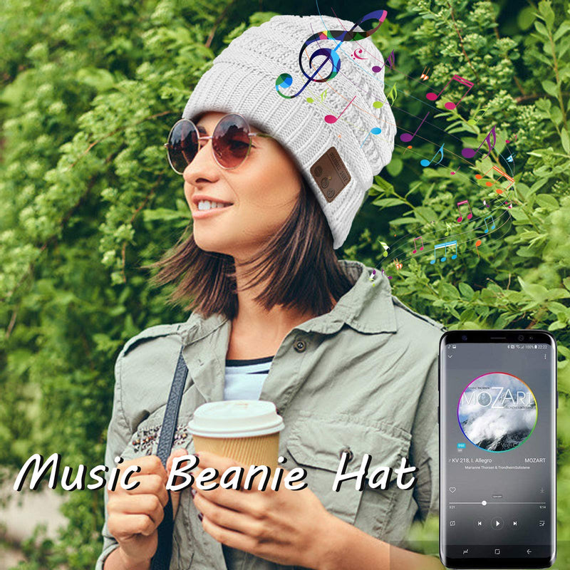 Wireless Music Beanie Women Ponytail Beanie Girls Hat Over Ear Headset Sports Stereo Headphone with Microphone Speaker Womens Messy Bun Beanie Tail Gifts Knit Skull Cap White