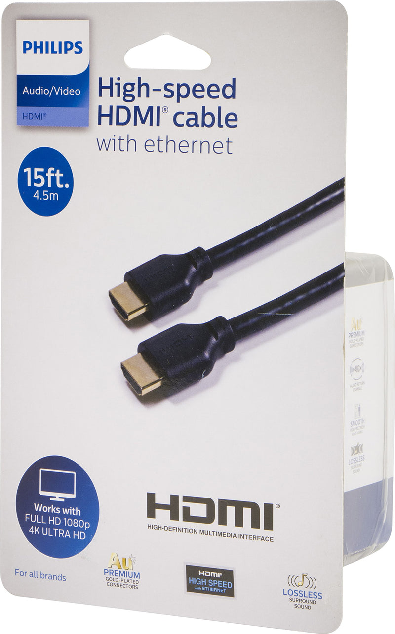 Philips HDMI Cable, Ethernet, 15 Ft HDMI Cable, Full HD 1080P, Surround Sound, Works with Smart TVs, Roku, Fire Stick, Streaming Devices, Blu Ray, Cable, Gold Plated Connectors, Black, SWV9243A/27 15ft. | 4.5m