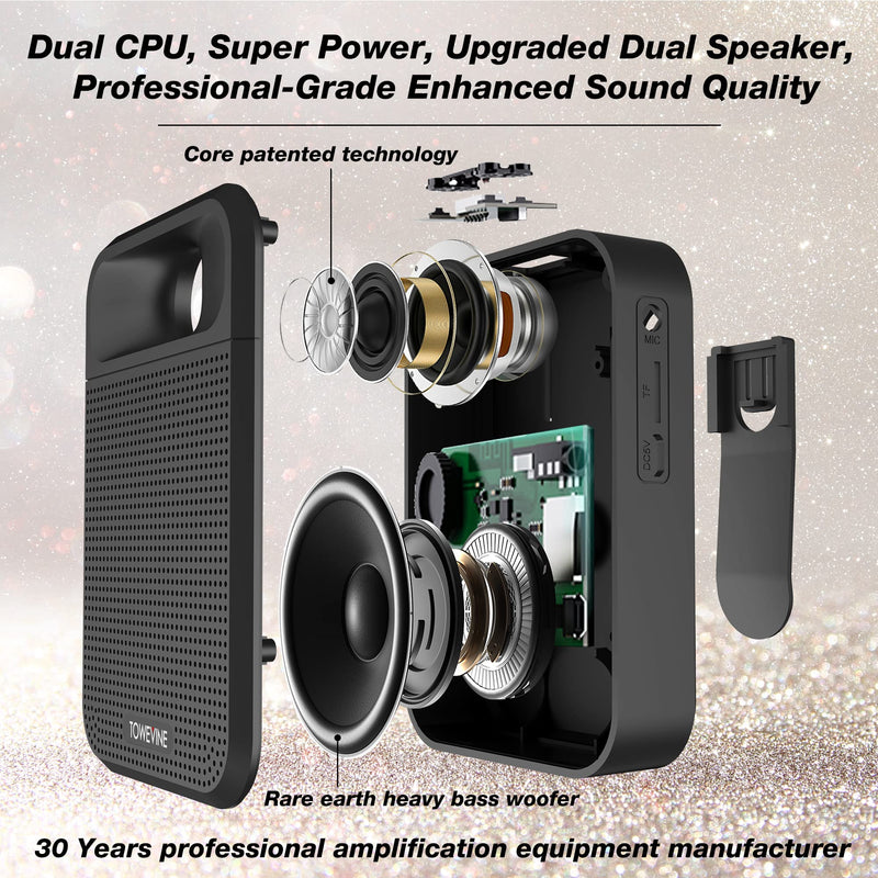 Portable Voice Amplifier, Towevine Rechargeable Microphone for Teachers, Speaker with Headset and Waistband for Classroom, Singing, Coach, Training, Presentation, Tour Guide Black