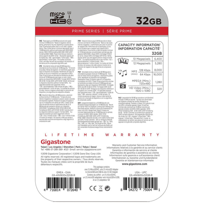 Gigastone GS-4IN1600X32GB-R Prime Series microSD Card 4-in-1 Kit (32GB), Multicolored