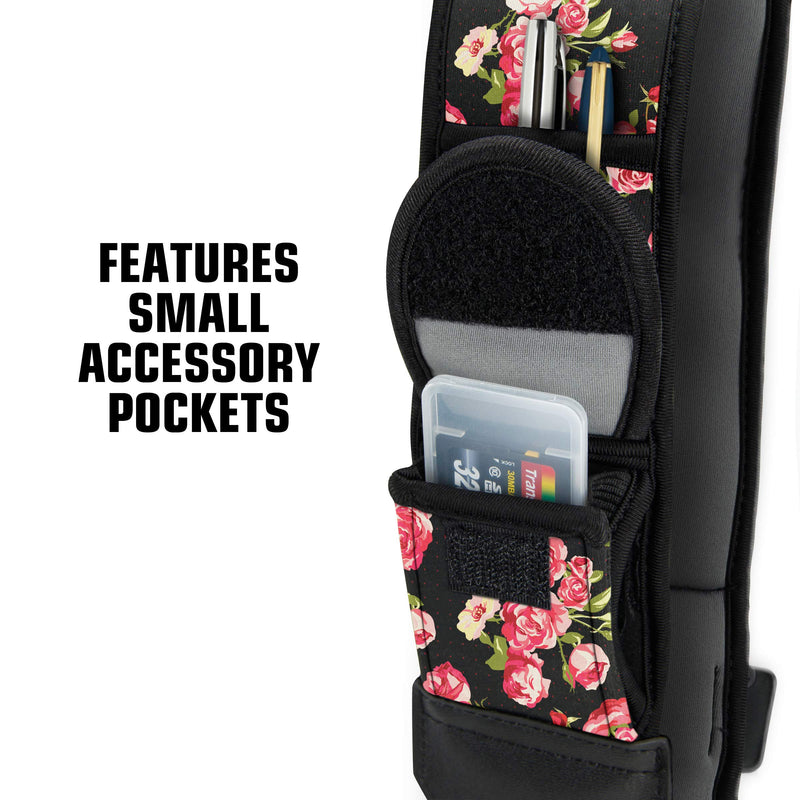 USA GEAR Camera Sling Shoulder Strap with Adjustable Neoprene, Safety Tether, Accessory Pocket, Quick Release Buckle - Compatible with Canon, Nikon, Sony and More DSLR and Mirrorless Cameras (Floral) Floral