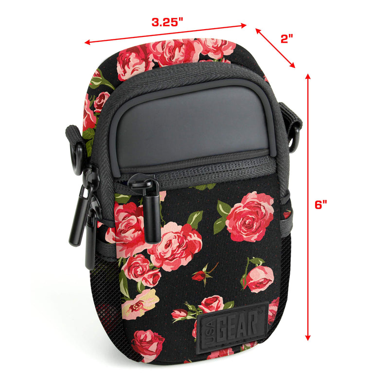 USA GEAR Compact Camera Case Point and Shoot Camera Bag with Accessory Pockets, Rain Cover and Shoulder Strap - Compatible with Sony CyberShot, Canon PowerShot ELPH, Nikon COOLPIX and More (Floral) Floral and Black