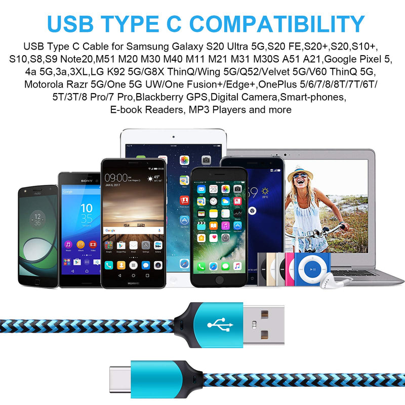 Type C Cable Fast Charging,2 Pack 6Ft USB C Power Adapters Cord Android Phone Charger Braided Line for Samsung Galaxy S21 Ultra 5G S20 FE Note20 A51 A12 A32 S10e S10 S9,OnePlus,Google Pixel,LG,Moto Blue,White