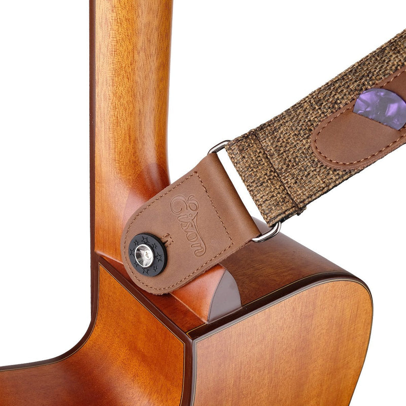 Guitar Strap with Leather Ends and Pick Pocket for Electric Bass Guitar and Ukulele Acoustic Linen Style 2" Width, with Free Picks and Strap Saver Blocks (Linen Brown)