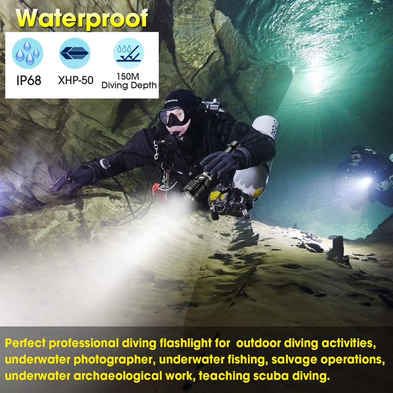 BlueFire Professional 2000LM CREE XHP-50 Scuba Diving Flashlight Submarine Light 150M Underwater Diving Torch Light with Rechargeable Batteries and Charger