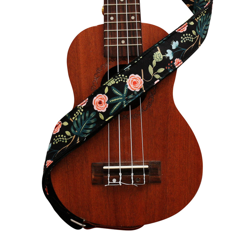 MUSIC FIRST Original Design “Dark Night Garden” Soft Cotton & Genuine Leather Ukulele Strap Ukulele Shoulder Strap With a MUSIC FIRST Genuine Leather Strap Locker