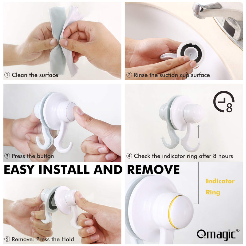 Qmagic Powerful Suction Cup Hooks - Powerful Vacuum Shower Towel Hook Holder - Suitable Frosted Glass Surfaces - Reusable - Cup Diameter 56mm (White, 2) White