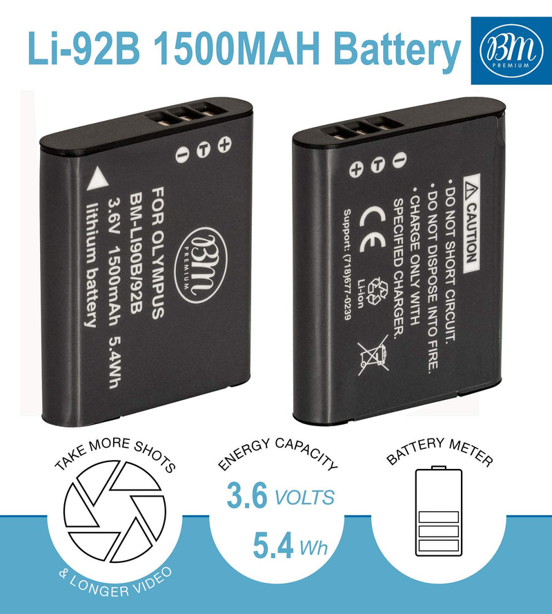 BM LI-92B, LI-90B Battery and Charger for Olympus Tough TG-6, TG-5, TG-Tracker, SH-1, SH-2, SP-100 IHS, Tough TG-1 iHS, Tough TG-2 iHS, Tough TG-3, Tough TG-4, SH-50 iHS, SH-60, XZ-2 iHS Cameras