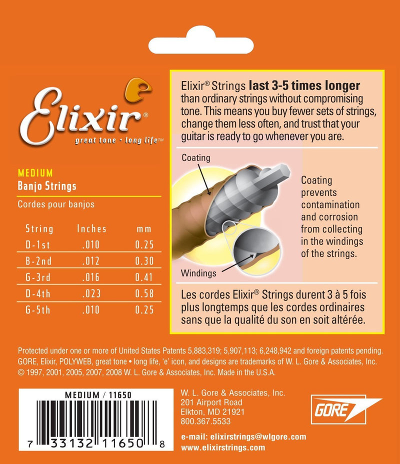 Elixir Strings Banjo Strings w POLYWEB Coating, Medium (.010-.023) Medium (.010-.023)