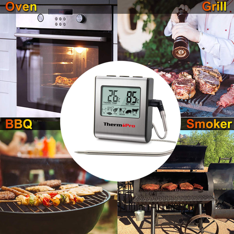 ThermoPro TP-16 Large LCD Digital Cooking Food Meat Smoker Oven Kitchen BBQ Grill Thermometer Clock Timer with Stainless Steel Probe