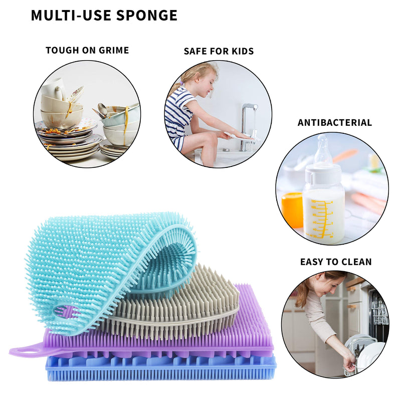 Silicone Dish Sponge Dish Scrubber [4 Pack] – 4 Dual-Sided, Food Grade Silicone Sponges for Dishes and Housecleaning with Silicone Scrubber Side and Silicone Sponge Side – BPA Free Kitchen Sponges