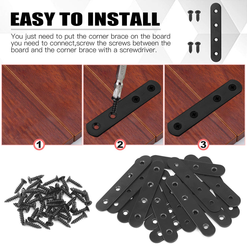 Hilitchi Straight Bracket Stainless Steel Black Straight Corner Braces Straight Flat Brace Mending Repair Flat Plates with Screw (100mm, 15 Pack) 100MM
